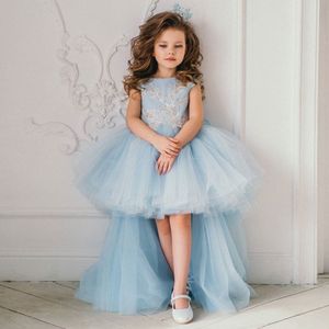 Light Sky Blue High Low Flower Girl Dresses For A Line Beaded Wedding Pageant Gowns Tulle Sequined First Communion Dress