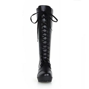 Hot Sale-Stor Storlek 48 Kvinnor Varm Vinter Stövlar Lace-up Square Heel Boots Knä High Round Toe Cosplay Slim Lady Lång