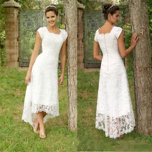 New Full Lace Beach Wedding Dresses A Line Jewel Short Sleeves High Low Bridal Gowns Plus Size Wedding Gowns