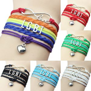 Fashion LGBT Gay Lesbian Leather Wrap bracelets Braided rope infinity Love Heart charm Bangle For women men friendship DIY Jewelry in Bulk