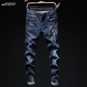 Hip hop varumärke man jeans denim blå klassisk design broderi skinny jeans män penna byxor män män # ck7750