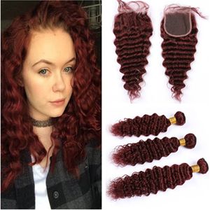 Vin röd djupvåg brasilianska jungfruliga hårbuntar med stängning ren 99j burgundy mänsklig hår spets stängning 4x4 med buntar djup vågig