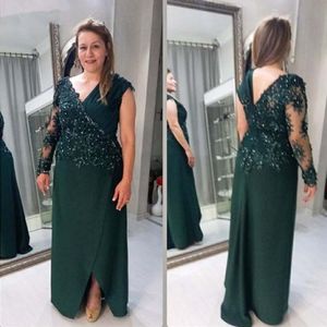 Hunter Green Beaded Lace Mother Of The Bride Dresses V Neck Long Sleeves Evening Gowns A Line Side Split Satin Wedding Guest Dress 407