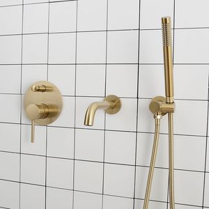 壁掛け浴室のシャワータップブラシをかけられた金バスタブの蛇口ホットと冷たい水のミキサーシャワーセット