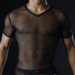 Homens quentes camisetas Malha transparente ver através das partes superiores T-shirt homem sexy tshirt V Neck Singlete gay masculino casual roupas t-shirt roupas