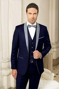 Mycket bra en knapp Navy Blue Groom Tuxedos Sjal Lapel Män Passar 3 stycken Bröllop / Prom / Dinner Blazer (Jacka + Byxor + Vest + Tie) W585