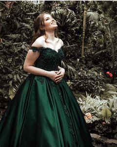 2019 Vintage Dark Green Ball Gown Prom Evening Dresses Formal Elegant Off Shoulders Applique Sequin Long Formal Pageant Gowns308V