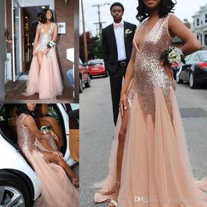 Blush Pink Prom Dresses Hot Sexy Deep V Neck Sequined Tulle Mermaid Evening Gowns Side Split Cocktail Formal Party Dress Custom Made