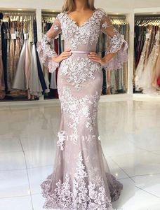 Mermaid Long Sleeves Evening Dresses Lace Applque Red Carpet Holiday Women Wear Formal Party Prom Gown Custom Made Plus Size