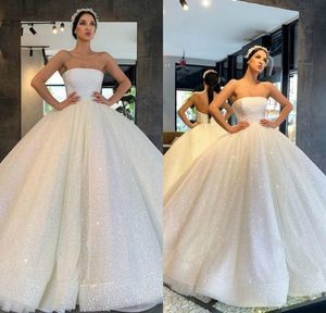 2020 Gorgeous Arabic Bröllopsklänningar Bling Bling Sequins Strapless Plus Size Ball Gown Bröllopsklänning Sparkly Princess Bridal Gowns