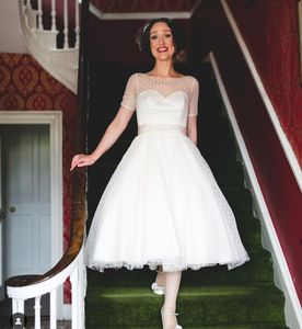 2020 zabytkowa herbata Krótka suknia ślubna Krótkie rękawowe kropki A-line Tiul z paskiem 50s 60s suknie ślubne nieformalne suknie ślubne