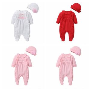 Baby Girl Ubrania Pajacyki Kwiaty Falbale Ruffled Jumpsuits Kapelusze Zestawy Odzież Bawełniany Z Długim Rękawem Princess Onesies Body B6683