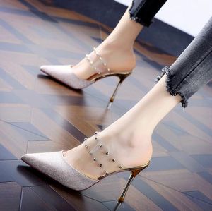 Rivets Designer Brand Stiletto Striped Sandals PVC Women Sexy Shallow Mouth Lady Princess Pumps Pointed Toe Hight Heel S