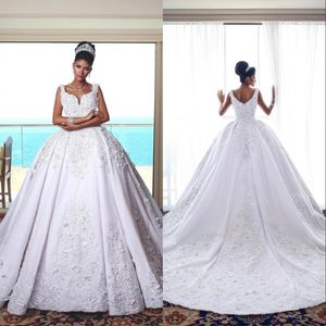 Arabic A Line White Wedding Dresses Dubai Spaghetti Sleeveless Lace Beads Weddings Plus Size Bridal Gowns