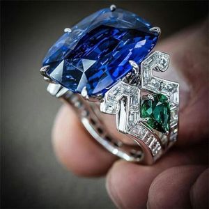 ヴィンテージファッションジュエリー 925 スターリングシルバークッション形状ブルーサファイア CZ ダイヤモンド宝石ウォータードロップエメラルド女性結婚指輪リングギフト