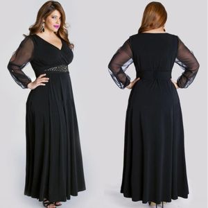 Plus Size Prom Dresses Black V Neck Długie rękawy Sukienka Evening Wear Floor Długość Szyfonowa Suknie Party z Zroszonymi Sashes SD3357