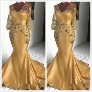 2020 Gold Sexy Meerjungfrau Afrikanische Kleider für die Brautmutter V-Ausschnitt Spitze Perlen Kleider für die Mutter des Bräutigams Günstige formelle Party-Abendkleider