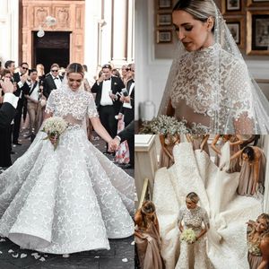 High Collar Lace Dresses Ruffles Long Train Short Sleeves Country Wedding Gowns Buttons Back Beaded Robe De Mariee 0505 0505