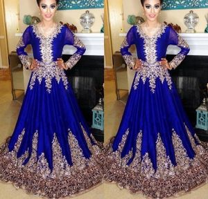 New Formal Royal Blue Abaya Dubai Kaftan Muslim Dress V Neck Lace Embroidery Long Sleeves Floor Length Arabic Prom Evening Dresses