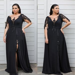 Lace Appliqued Plus Size Prom Dresses With Long Sleeves V Neck Beaded Side Split Evening Gowns Floor Length Chiffon Formal Dress SD3367