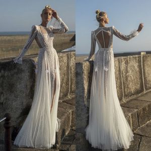 Modest Charchy Bohemian Jewel Long Sleeve Front Split Mermaid Wedding Dresses Lace Crystal Ruffles Wedding Gowns Sweep Train robe de mariée