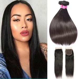Brazilian Virgin Hair 3 Bundles With 4X4 Lace Closure Baby Hair Straight Human Hair Extensions 8-30inch Natural Color