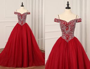 Modest Cold shoulder Burgundy Quinceanera Prom Dresses Ball Gown With Short Sleeves Tulle Bling Crystal Sweet 16 Dress Vestidos 15 Anos
