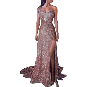 2020 Blingbling Long Gold Evening Reflective Dresses One Shoulder Sequined Plus Size Prom Gowns Party Dress Robes de Soirée Abendkleider