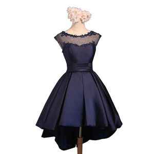 Setwell Navy Blue Sheer Jewel Neck A-line Hi-Lo Evening Dress Pleated Lace Beaded Sexy Backless Prom Party Cocktail Gown