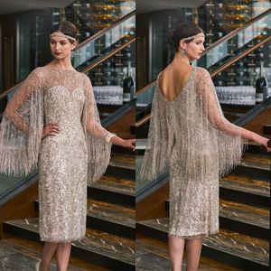 Mother Of The Bridal Dresses With Wrap Scoop Beads Tassels Tulle Sheath Prom Dress Knee Length Mothers Dresses