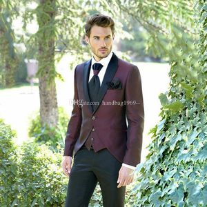 Hot Sale One Button Burgundy Groom Tuxedos Peak Lapel Groomsmen Mens Suits Wedding/Prom/Dinner Blazer (Jacket+Pants+Vest+Tie) K508