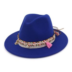 Moda unisex larga borda lã feltro fedora chapéus com fita tridada étnica tilby