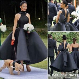 Schwarze Ballkleid-Abschlussballkleider mit Stehkragen und großer Schleife aus Satin, knöchellange Abendkleider, Saudi-Arabien, formelles Partykleid für Damen ED1263