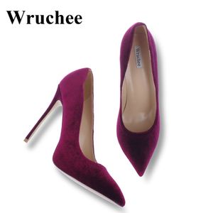 Wruchee اللباس أحذية عالية الكعب أحذية امرأة أشار أصابع القدم المخملية النبيذ الأحمر حجم كبير 42 الكعوب رقيقة 12 سنتيمتر
