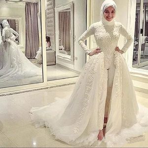 Jumpsuits klänningar muslimska applikationer långärmad spets bröllopsklänning med löstagbart tåg dubai arabiska plus storlek brudklänningar
