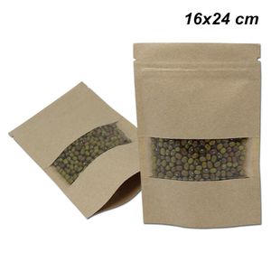 Brown 16x24 cm Kraft Paper Doypack Zipper Lock Plastic Window Food Storag Bags for Candy Cookies Paper Self Sealable Packaging Pouches