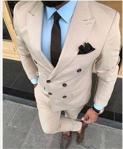 Popular Double-Breasted Beige Groom Tuxedos Peak Lapel Groomsmen Mens Suits Wedding/Prom/Dinner Blazer (Jacket+Pants+Tie) K314