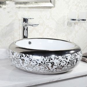 Kina Konstnärlig Procelain Handgjorda Europa Vintage Lavabo Handfat Keramik Badrum Sink Counter Top Custom Wash Basin Silver