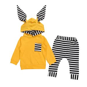 Boutique Abbigliamento per bambini 2019 Primavera Autunno Bambino Neonati maschi Ragazze Coniglietto Orecchio A righe Con cappuccio Manica lunga Tasca Top Pantaloni a righe Set per bambini