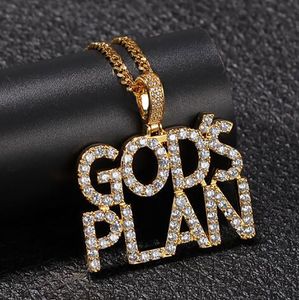 14K Gold Iced Out Gods Plans Pendant Necklace Bling Micro Pave Cubic Zirconia Simulated Diamonds 3mm Rope Chain