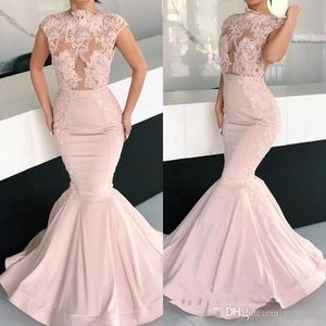 Elegant Pink Mermaid Evening Dresses Arabic High Neck Cap Sleeve Appliques Sequins Beads Long Ruched Formal Prom Party Gown Pageant Dresses