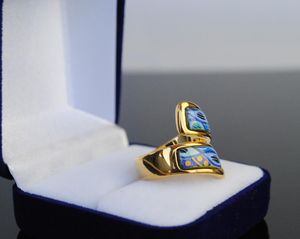 Sea Blue Heart Series Pierścienie 18k złota szkliwa podwójna zakrzywiona projektant Pierścień dla kobiet miłośników Prezent Biżuteria ślubna