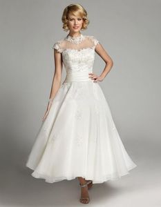 Werbowy Vintage High Neck Bröllopsklänningar Ankel Längd Keps Muffar Pärlor Sequins Ivory Lace Organza Korta Bröllopklänningar Anpassad HY4151