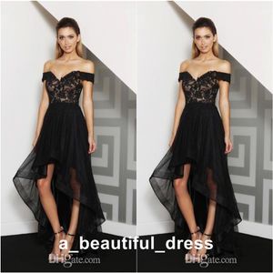 Black Off-Shoulder Prom Dresses High Low Lace Applique Party Arabic Dress Kaftan Dubai Organza Formal Evening Gowns ED1265