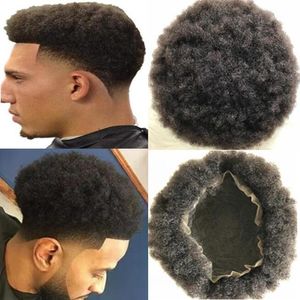 Indian Virgin Human Hair Replacement Mens Hairpieces 4mm Afro Kinky Curl Full Lace Toupee Brown Black Color #1b for Men