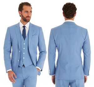 2020 Sky Blue Wedding Garnitury Slim Fit Bardegroom Tuxedos dla mężczyzn 3 sztuki Groomsmen garnitur Formalna kurtka biznesowa (kurtka + spodnie + kamizelka)