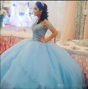 Sky Blue pärlstav quinceanera klänningar från axelremmar pärlor paljetter söt prinsessor prom pageant boll klänning skräddarsydd