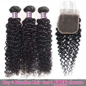 Ishow 3 Mänskliga hårbuntar med ett stängning Brasiliansk Kinky Curly Peruvian Human Hair For Women Girls Jet Black 8-28Inch