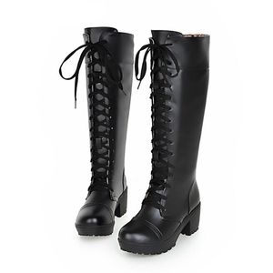 Hot Sale- New Cross Tied Women's Motorcycle Boots Square Heel Knee High Long Boots Slim Lace Up Cosplay Knight Botas