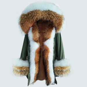 OftBuy Long Parka Real Fur Coat Winter Jacket Women Natural Raccoon Fux Fux Fux Fur Collar Hood Cuffs厚い温かいアウターウェア